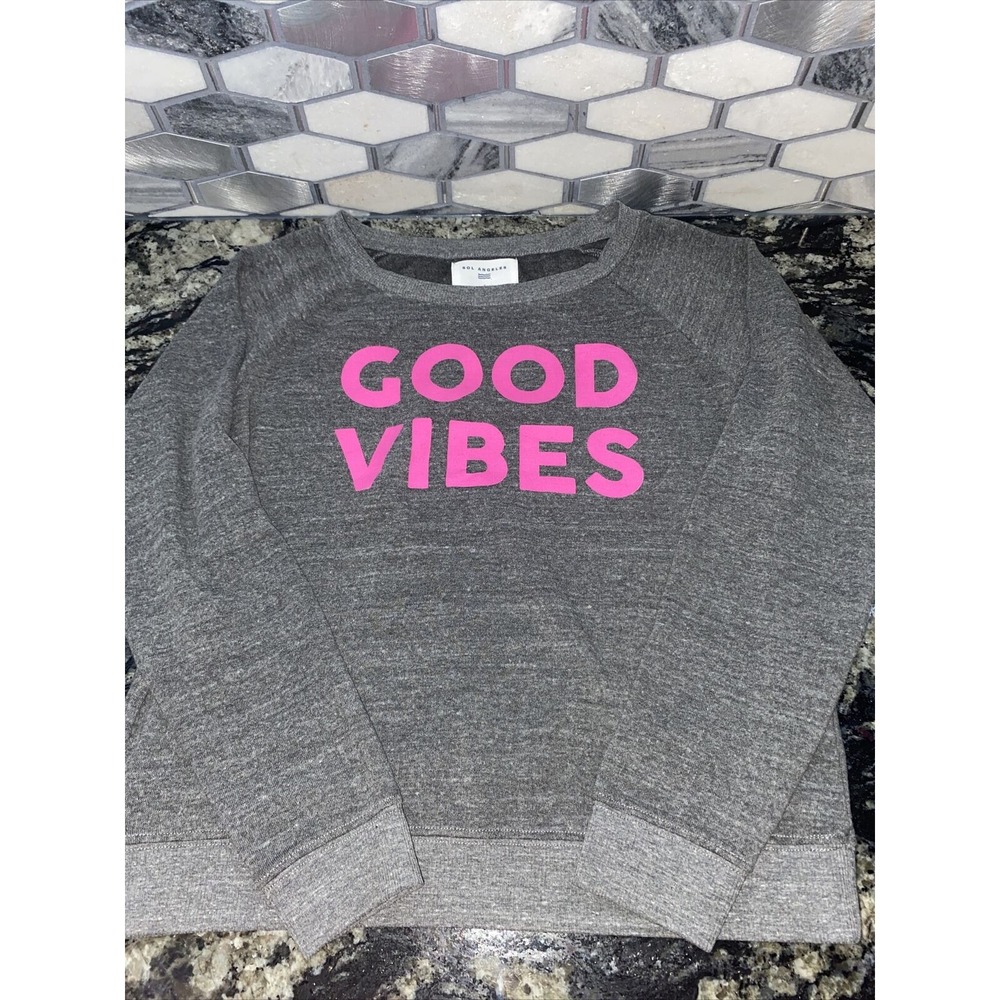NWT Sol Angeles Good Vibes Lightweight‎ Crew Neck Sweatshirt Hot Pink/Charcoal S